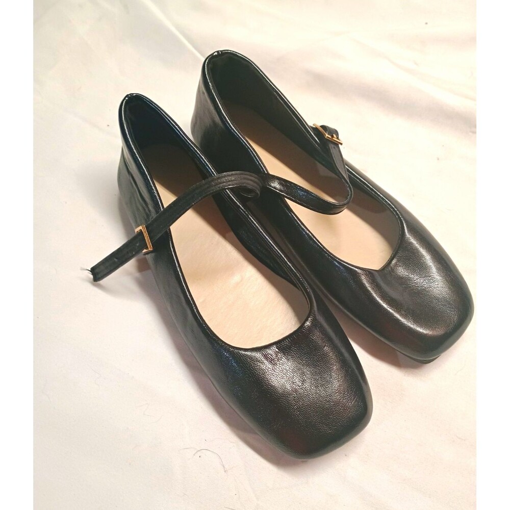 Women's Size 5 Black Mary Jane Flats Square Toe Gold Buckle Ballet Shoes EU 35